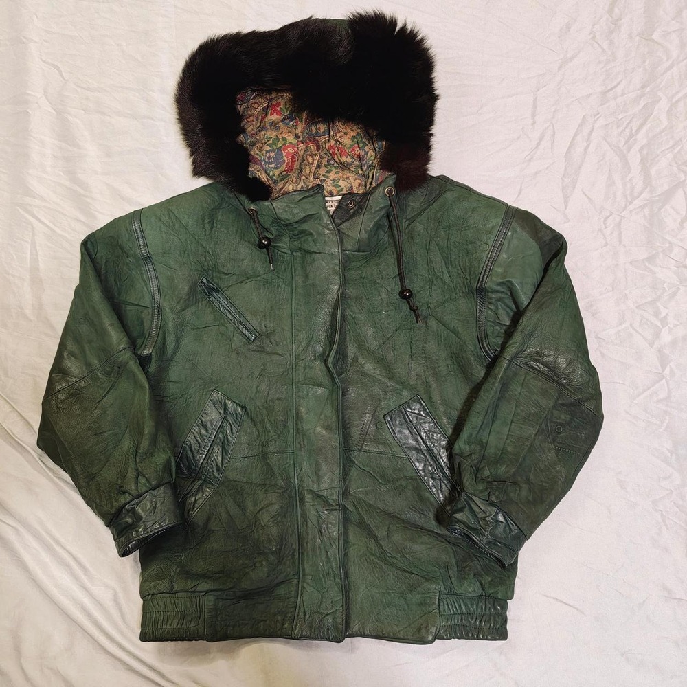 Vtg 80s J Percy Marvin Richards Green Leather Bomber Jacket Fur Hood Paisley S